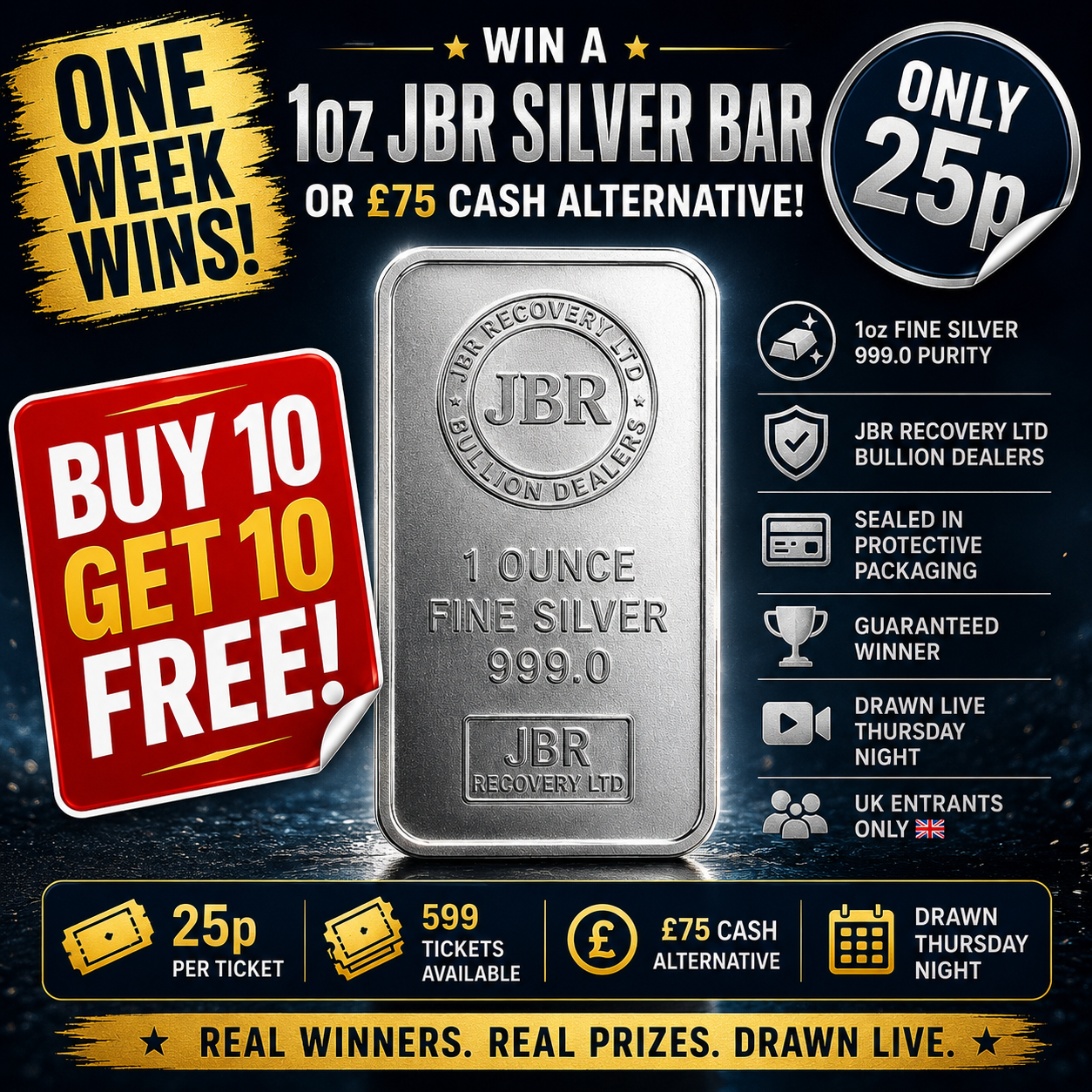 Win a 1oz JBR Silver Bar or £75 Cash!