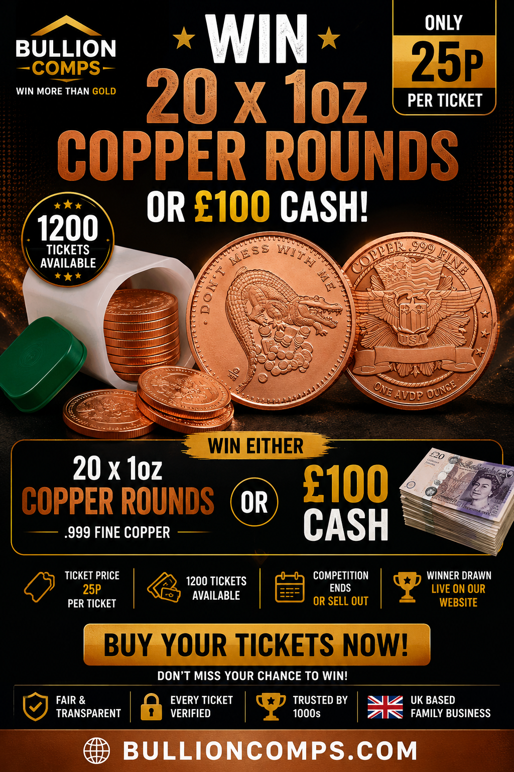 🪙 Win a Tube of 20 x 1oz Copper Bullion Rounds