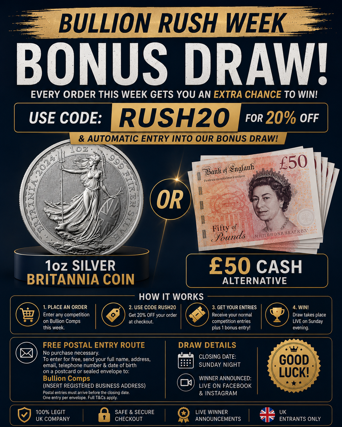 🎉 BULLION RUSH WEEK BONUS DRAW 🎉 1oz Coin or £50 CASH!