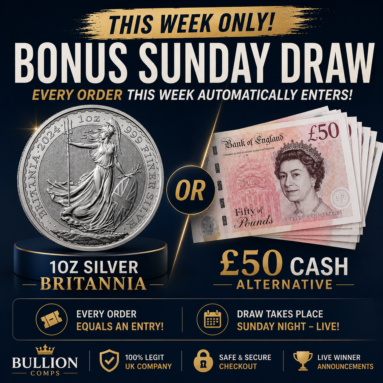 🎉 BULLION RUSH WEEK BONUS DRAW 🎉 1oz Coin or £50 CASH!